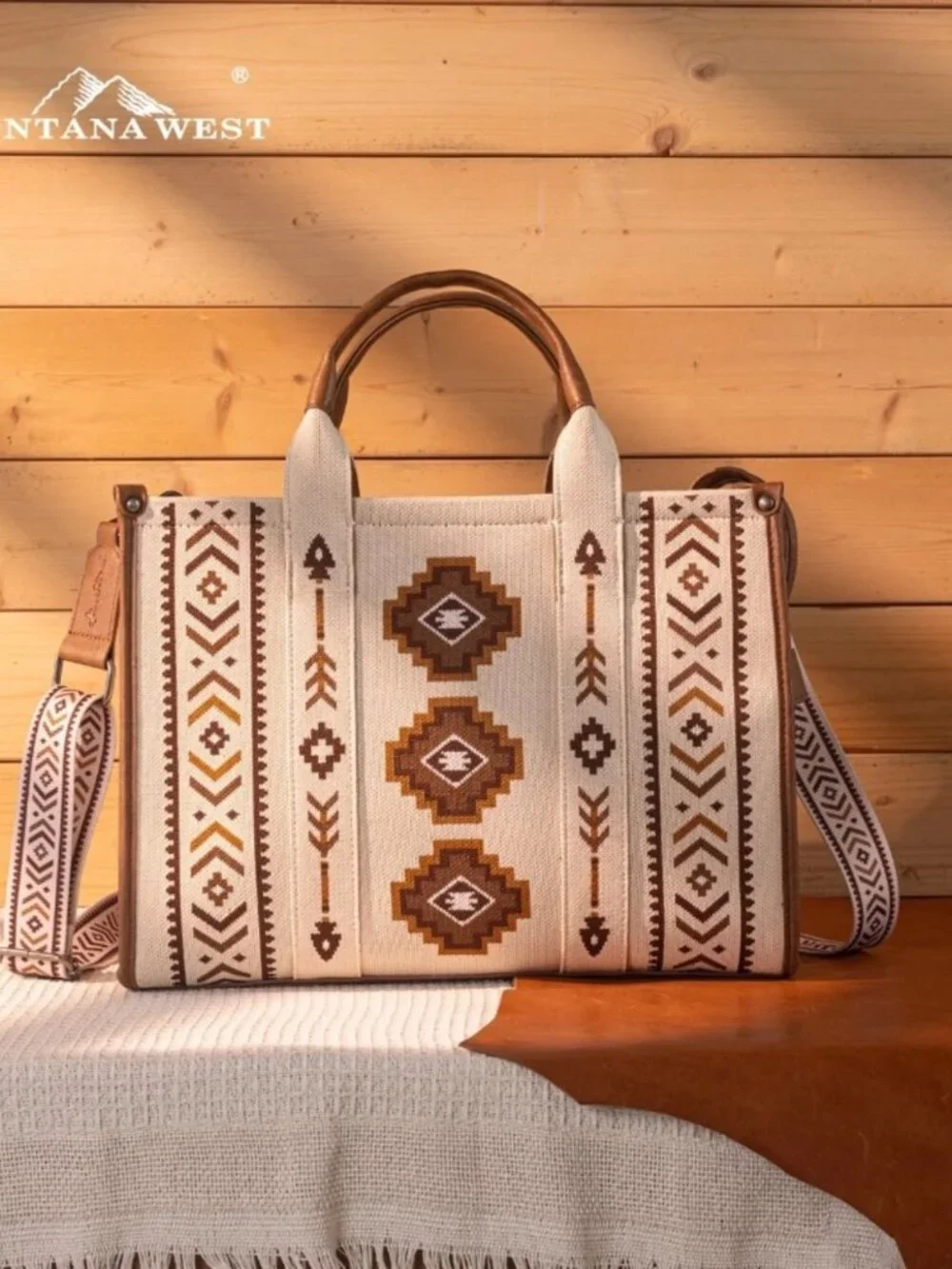 Montana West Aztec Retro Arrows Dual Sided Print Large Tote/Crossbody Beige
